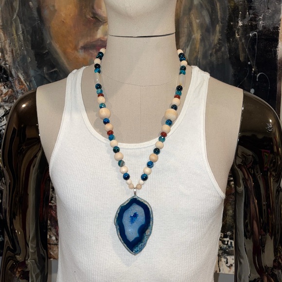 Hand crafted wood and stone beaded necklace w/geo